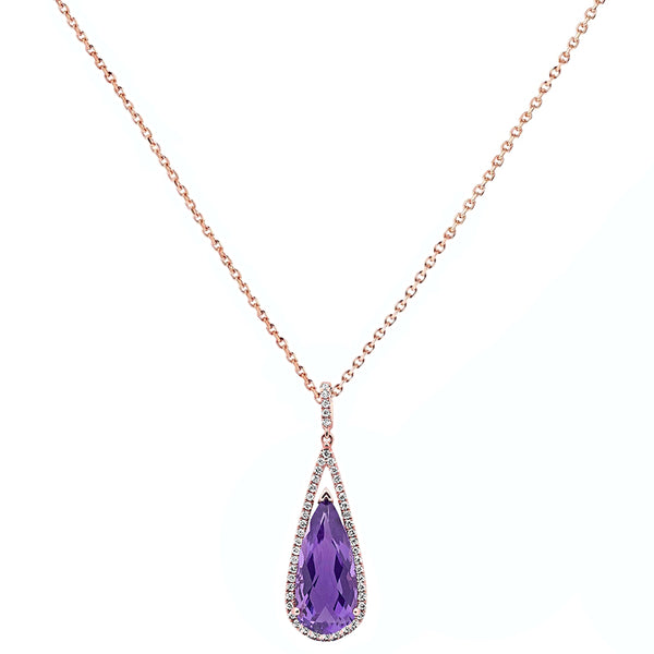 7.51tcw Pear Amethyst with Diamonds in 10K Rose Gold Dangle Drop Pendant Necklace 18"