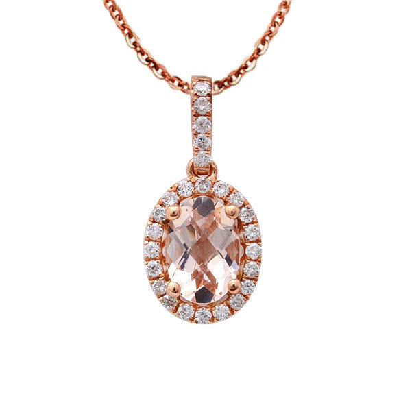 0.80tcw Oval Morganite & Diamonds in 14K Rose Gold Halo Pendant Necklace