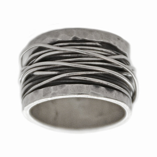 925 Sterling Silver Wired Wrap Inlay Hammered Edge Wide Band Ring