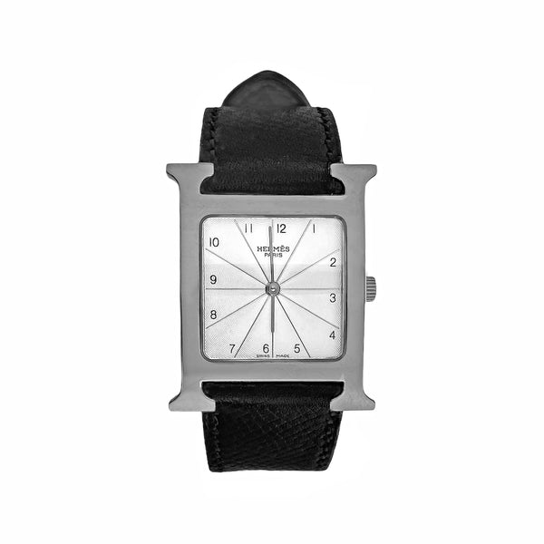 Pre-Owned HERMES Heure Stainless Steel with Black Epsom Leather Quartz Unisex Watch