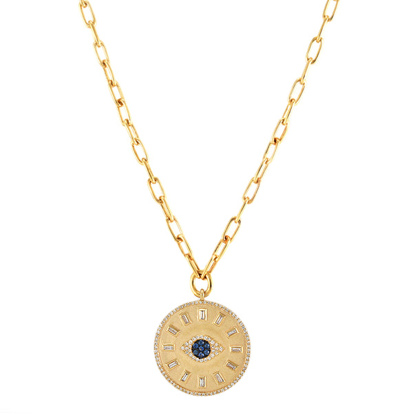 0.37tcw Sapphires & Diamonds in 14k Yellow Gold Evil Eye Dial Medallion Necklace 18"