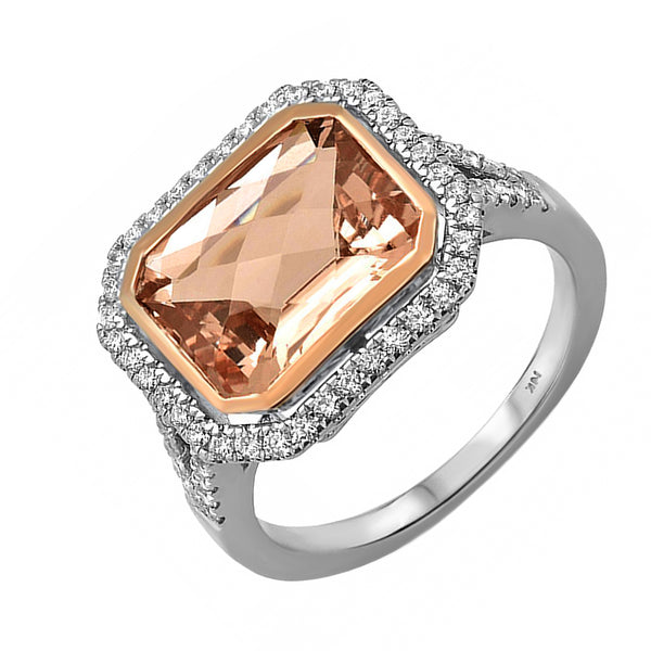 4.19tcw Emeral-Cut Morganite & Diamond 14K White Gold Cocktail Halo Ring