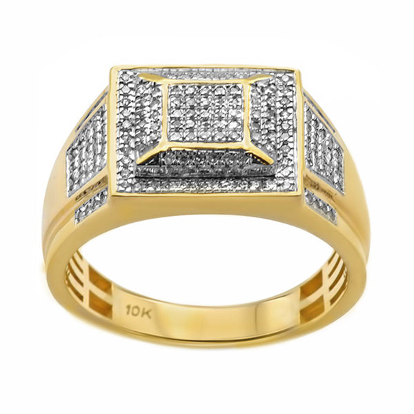 0.36ct Pavé Round Diamonds in 10K Yellow Gold Flat Pyramid Signet Men's Ring