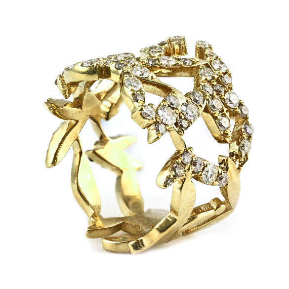 1.00ct Pavé Round Diamonds in 14K Yellow Gold Cluster Leaves Ring