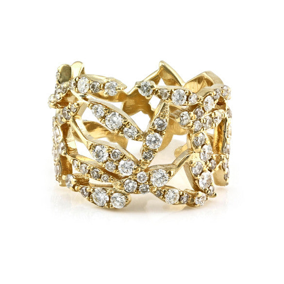 1.00ct Pavé Round Diamonds in 14K Yellow Gold Cluster Leaves Ring