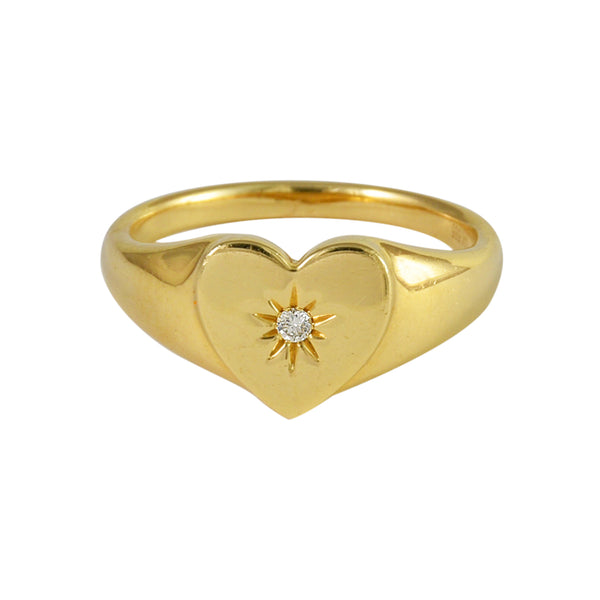 0.03ct Round Diamond Sunburst Bezel Set in 14K Gold Heart Signet Ring
