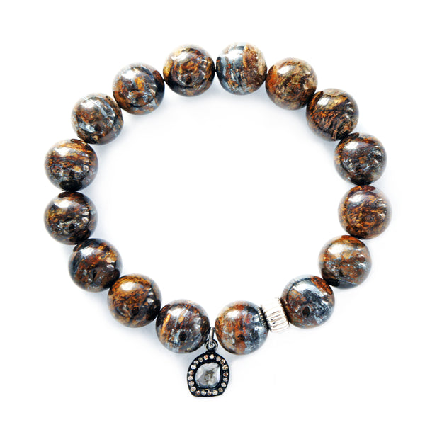 0.69ct Sliced & Pave Diamonds Charm Genuine Bronzite Spiritual Bead Bracelet