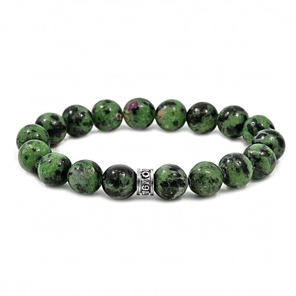 26.00ct Ruby Zoisite 10mm Beads & 925 Sterling Silver Spacer Stretch Bracelet