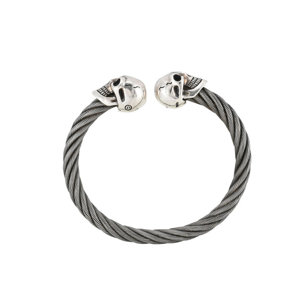 925 Sterling Silver Skull Punk Cable Wire Cuff Biker Bracelet - 8.5" Adjustable