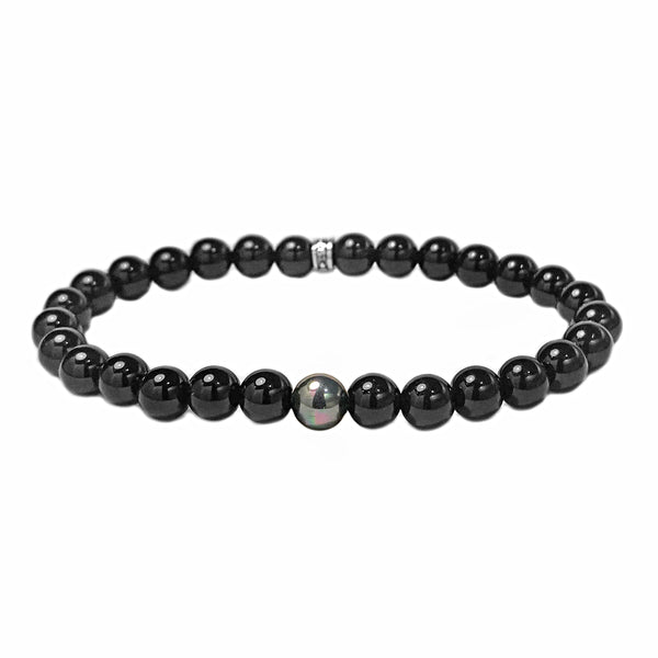 925 Sterling Silver in Onyx with Swarovski Scarabaeus Pearl Accent Spiritual Beads Bracelet