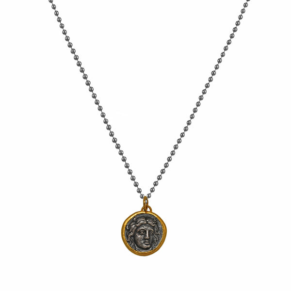 Apollo's Head & Helios Rose in 925 Sterling Silver & 24K Gold Medallion Necklace