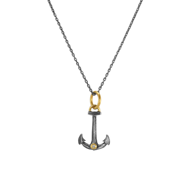 0.01ct Diamond in 925 Silver & 24K Gold Anchor Pendant Necklace