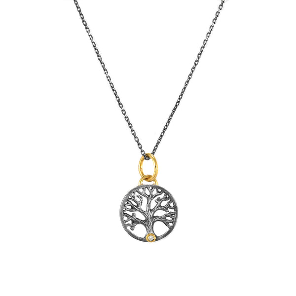 0.01ct Diamond in 925 Silver & 24K Gold Tree of Life Pendant Necklace