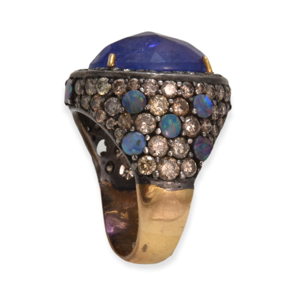 Faceted Oval Tanzanite with Diamonds & Opal in 14K Gold & Silver Pinky Ring
