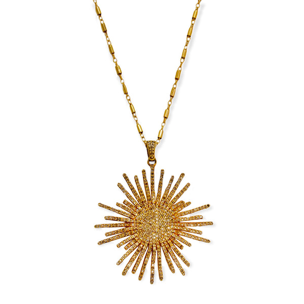 2.10tcw Genuine Fancy Diamonds in 14K Gold Plated Sterling Silver Sunburst Pendant Necklace 28"