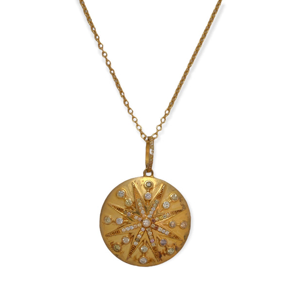 1.74tcw Genuine Fancy Diamonds in 14K Gold Plated Sterling Silver Starburst Medallion Necklace 28"