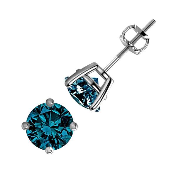2.00tcw Round Blue Diamonds in 14K White Gold Solitaire Stud Earrings