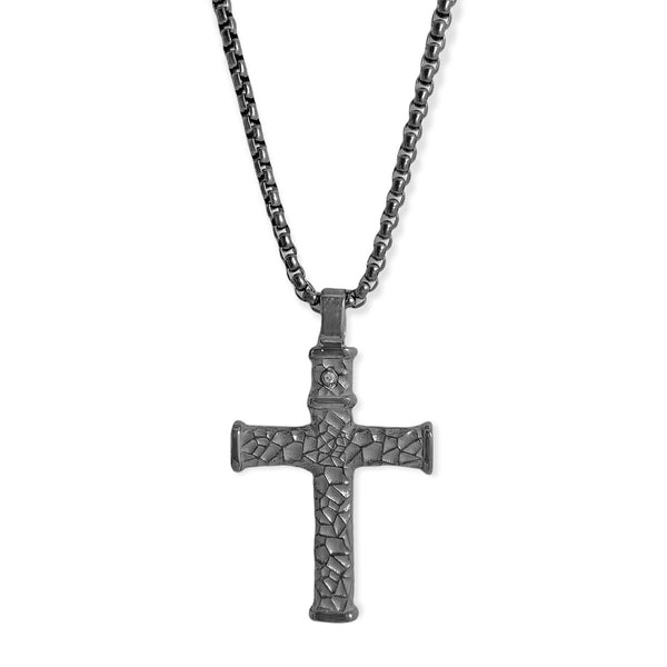 316L Gunmetal Stainless Steel CZ Accent Dmitar Cross Pendant Necklace 22"