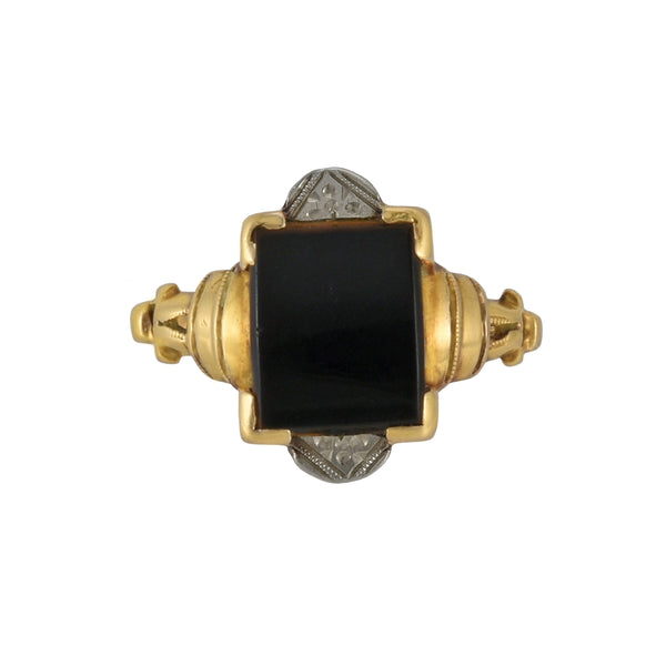 14K Yellow Gold with Black Onyx 1930's Vintage Art Deco Ring - Size 6