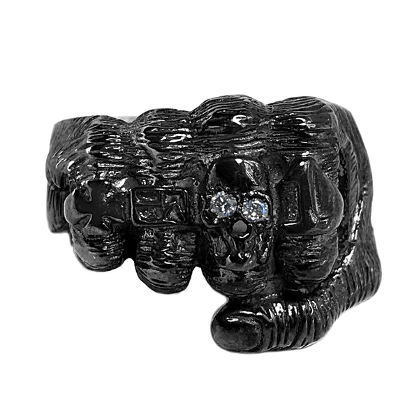 0.06ct Round Diamonds in 925 Black Rhodium Silver Fist Hand Skull Biker Ring