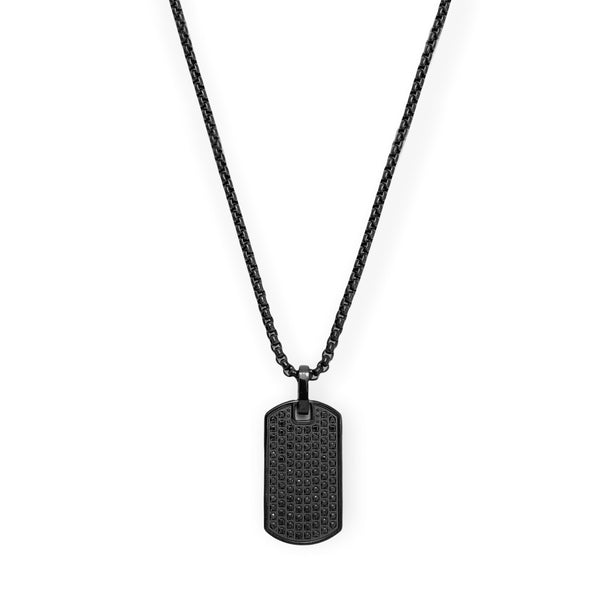 316L Black IP Stainless Steel Dog Tag with Black CZ Box Chain Necklace 22"