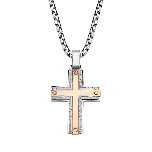 316L Stainless Steel 2Tone Rose Gold IP Labyrinthine Cross Pendant Men's Necklace 22"