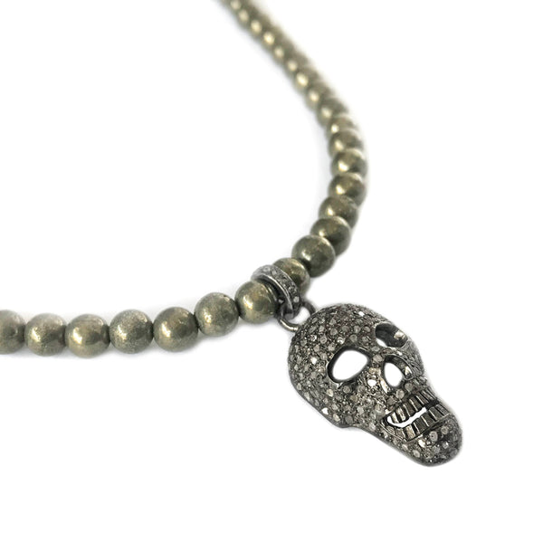1.00ct Pavé Diamonds Skull Charm Pendant in Pryrite Beads Necklace 20"
