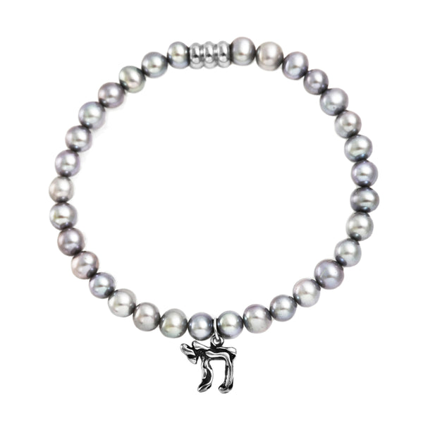 925 Italy Silver Jewish Chai Charm in Fresh Water Gray Pearl Spiritual Bead Bracelet