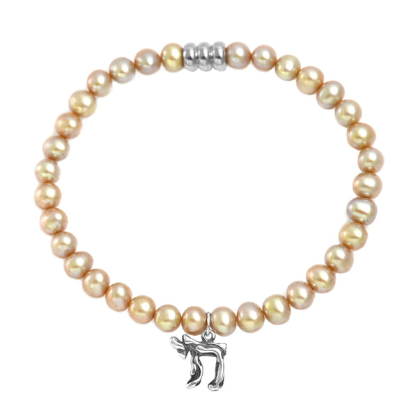 925 Italy Silver Jewish Chai Charm in South Sea Pearl Spiritual Bead Bracelet