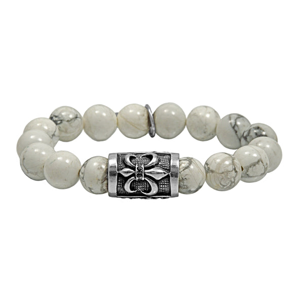 925 Sterling Silver Fleur De Lis in White Jasper Bead Stretch Bracelet 7.5"