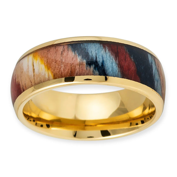 Tungsten Yellow Gold Ion Plated Multicolored Dyed Rosewood Inlay Band Ring