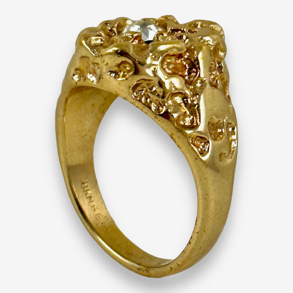 Vintage Mid-Century Modern 18K HGE Yellow Gold Nugget Signet Ring - Size 11