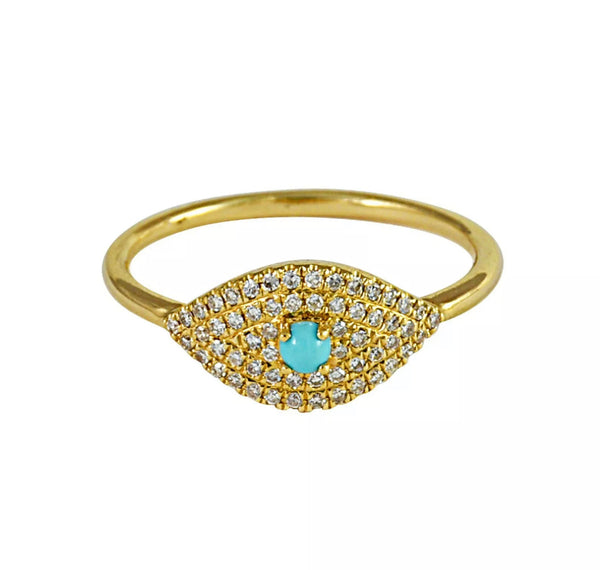 0.23ct Cabochon Turquoise & Diamonds in 14K Gold Evil Eye Ring