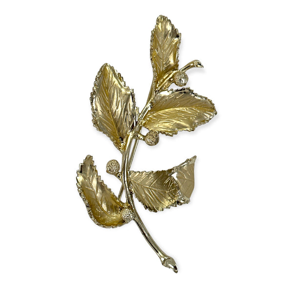 Vintage 1940s CORO Gold Plated Five Leaves with Berry Fruits Brooch Pin