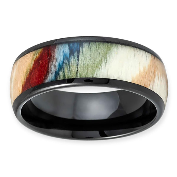 Tungsten Black Ion Plated Multicolored Dyed Rosewood Inlay Band Ring