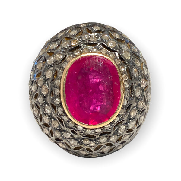 Oval Genuine Ruby with Diamonds in 14K Gold & 925 Sterling Silver Cocktail Ring