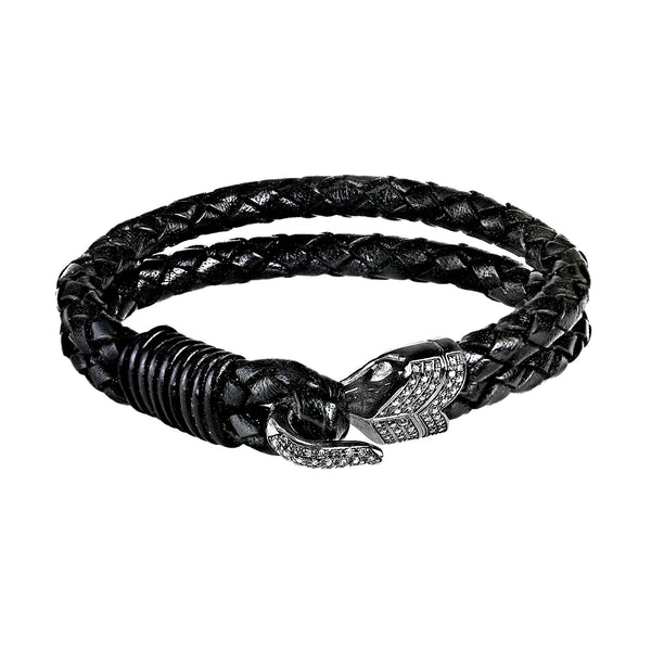 0.25ct Fancy Diamonds 925 Silver Hook Black Braided Leather Bracelet 7.5"