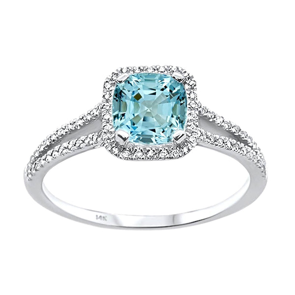 1.08tcw Cushion Aquamarine & Diamonds in 14K White Gold Solitaire Halo Ring