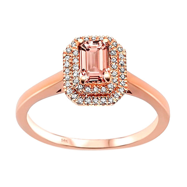 0.63tcw Emerald Cut Morganite & Diamond in 14K Rose Gold Double Halo Ring