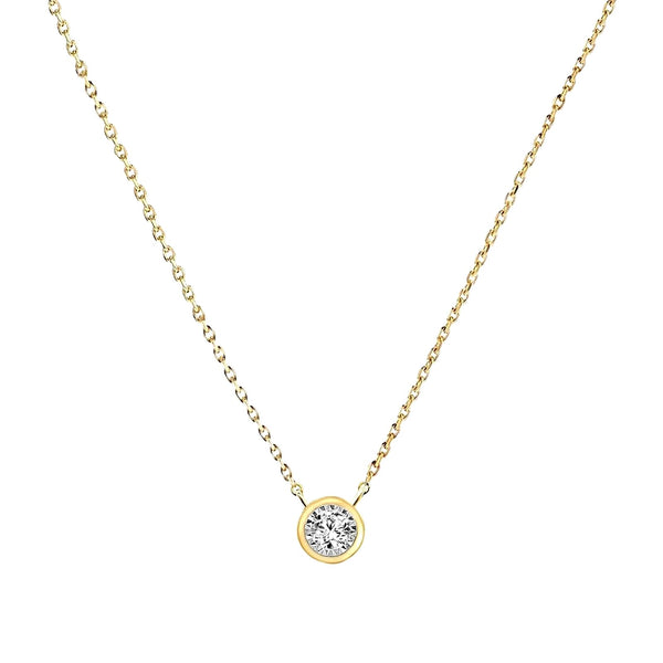 0.07ct Bezel Round Diamonds in 14K Gold Solitaire Pendant Necklace 18"
