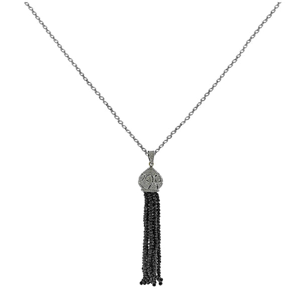 53.14tcw Black Spinel & Diamonds in 925 Sterling Silver Tassel Pendant Necklace