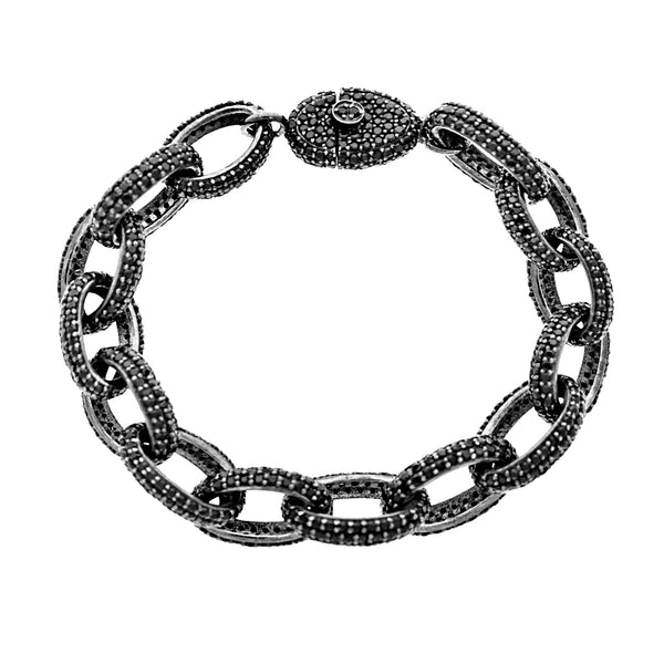20.00ct Black Spinel in 925 Sterling Silver & 14K Oval Rolo Link Chain Bracelet 7.5"