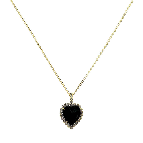23.27tcw Black & Clear Diamonds in 14K Yellow Gold Halo Heart Charm Necklace