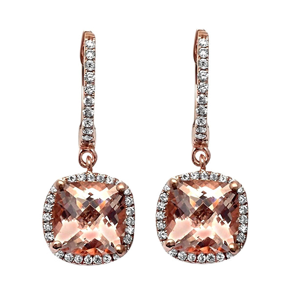 2.97tcw Cushion Morganite with Diamonds in 14K Rose Gold Dangle Drop Earrings